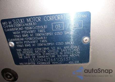 2006 Suzuki Grand Vitara Luxury z USA, uszkodzony, nr VIN JS3TD947264105137